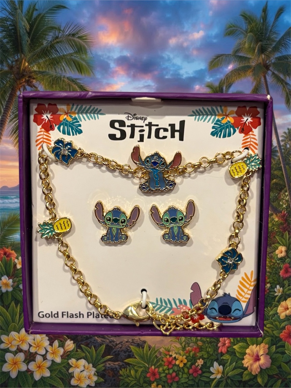 Disney Stitch Hawaiian Gold Tone Bracelet & Stud Earrings Set NIB